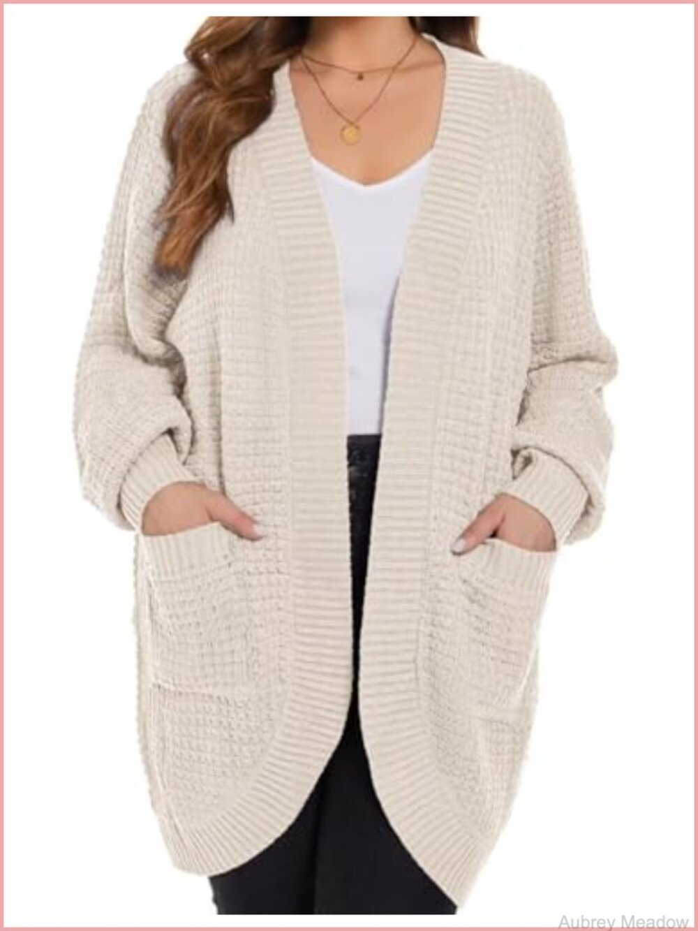 Plus Size Open Front Waffle Knit Cardigan Sweater Coat with Pockets
